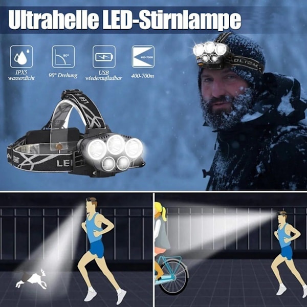 5 LED 6 tilstande pandelampe, genopladelig vandtæt