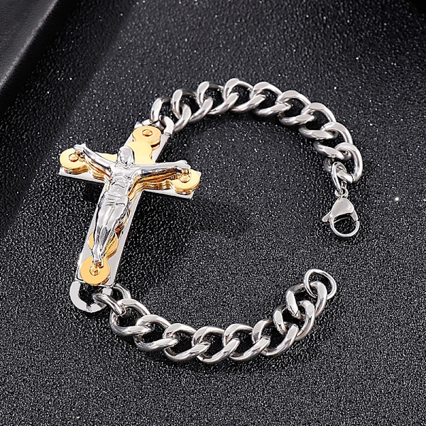 ##/Herrar Armband i Rostfritt Stål med Jesus Kristus Kors - Curbkedja - Polerad##/