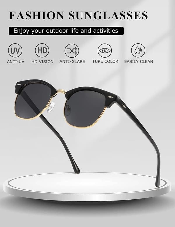 Luminous Black Frame Vintage Polariserande Solglasögon Unisex Retro Halvkantade