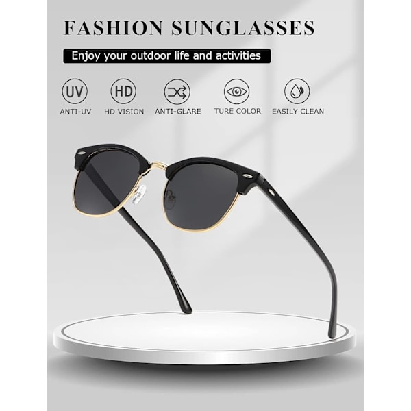 Luminous Black Frame Vintage Polariserte Solbriller Unisex Retro Halvramme
