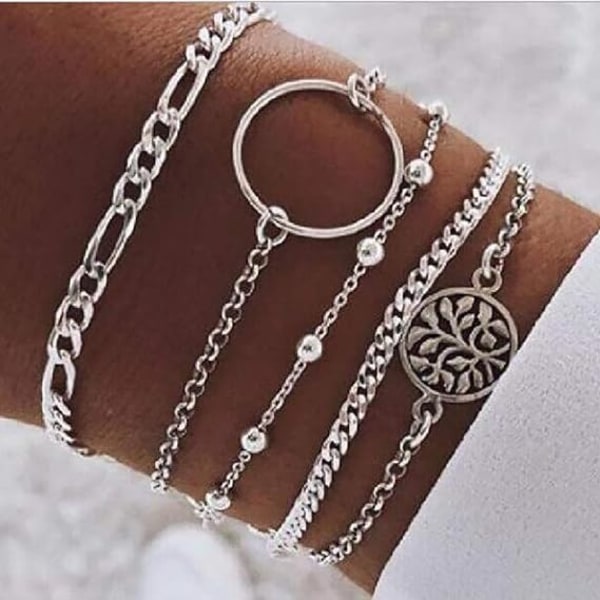 Set med 5 Silverarmband med Pärlor och Kedjor för Kvinnor Bohemi
