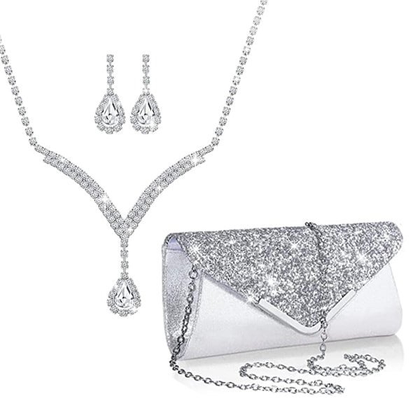 ##/Aftenspose Kvinder Glitter Kuvert Clutch Taske Halskæde Øreringe##/
