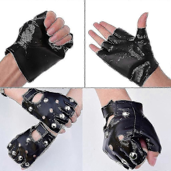 Disco Dans Rock And Roll Svarta Fingerlösa Handskar Konstläder Nitar Vantar