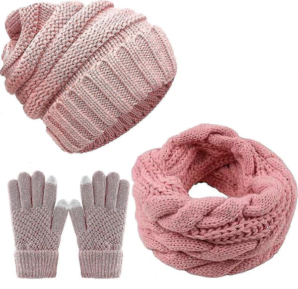 Unisex Hue Halstørklæder Handsker Sæt Strik Slouch Beanie Hue Halsvarmer Touchscreen Pink
