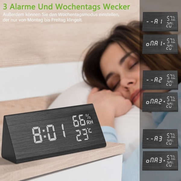 Trä Digital Väckarklocka, Trä Väckarklocka med 3 Alarm Inställningar