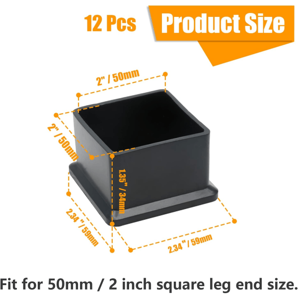 12 STK Black Rubber Stol Benspets Caps, 2" x 2" Square Rubber Co