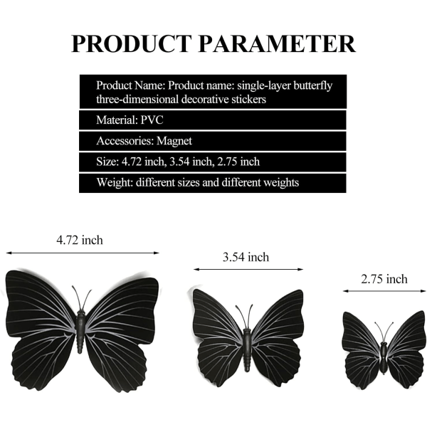 12 pakke sommerfuglklistremerker (svart), 3D sommerfuglformet veggstikk