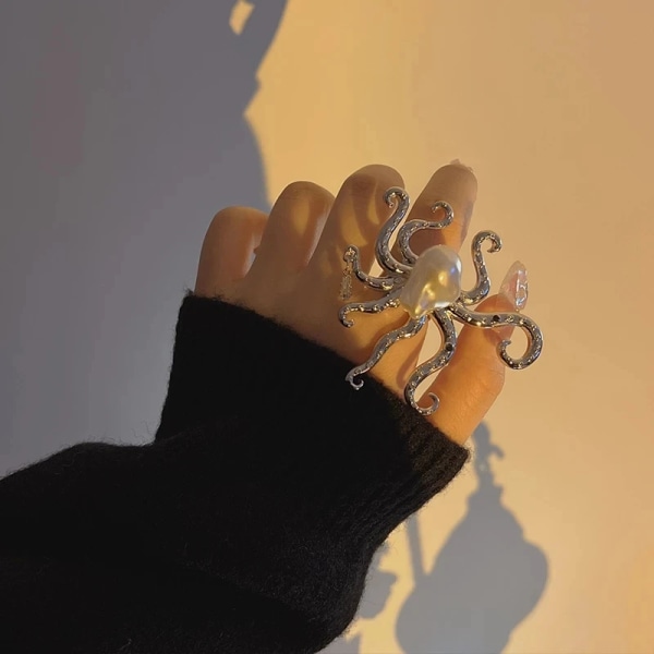 Overdrevet barok perle blæksprutte Ring Stor Metal Unik Un