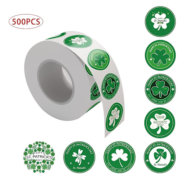 500x/rulle Självhäftande Klöver-klistermärken St. Patrick's Day Shamrock-klistermärken