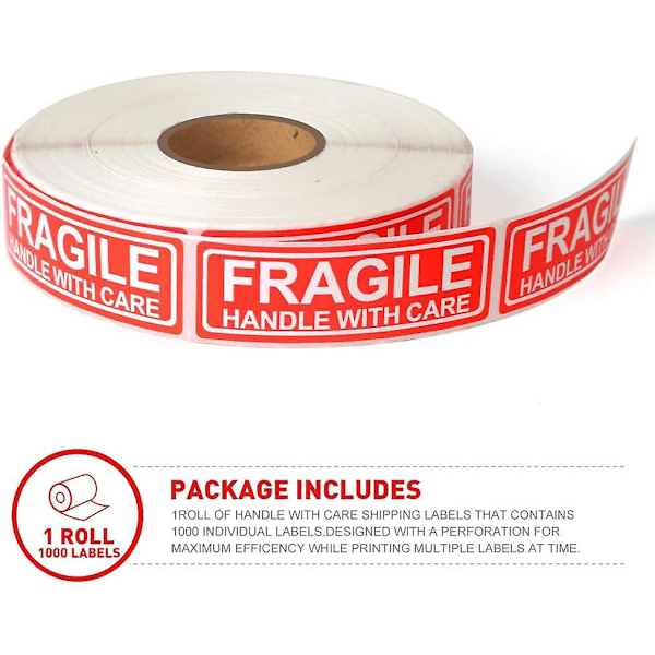 Fragile - håndter med forsiktighet - Fraktklistremerker - 1&quot; x 3&quot; - 500 etiketter per rull