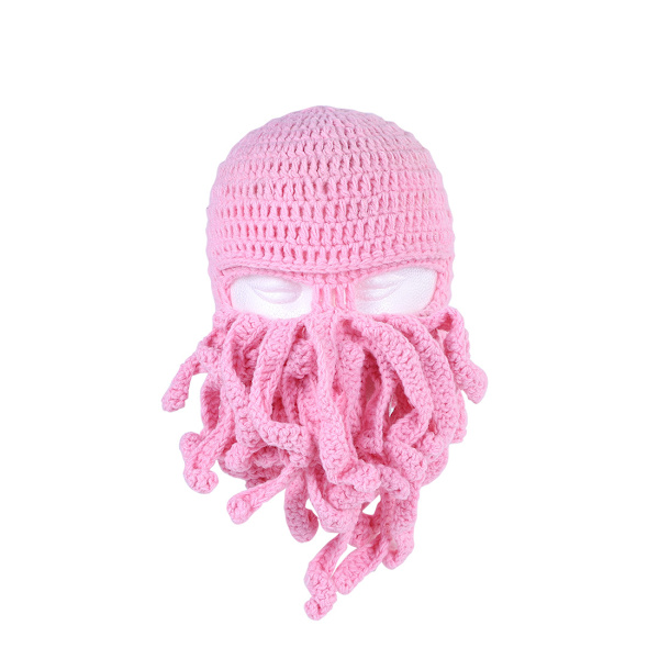 Rosa bläckfiskhatt, Rolig Riddarhjälm Beanie med Skägghatt Handm