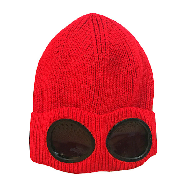 ##/Red knitted hat with goggles##/