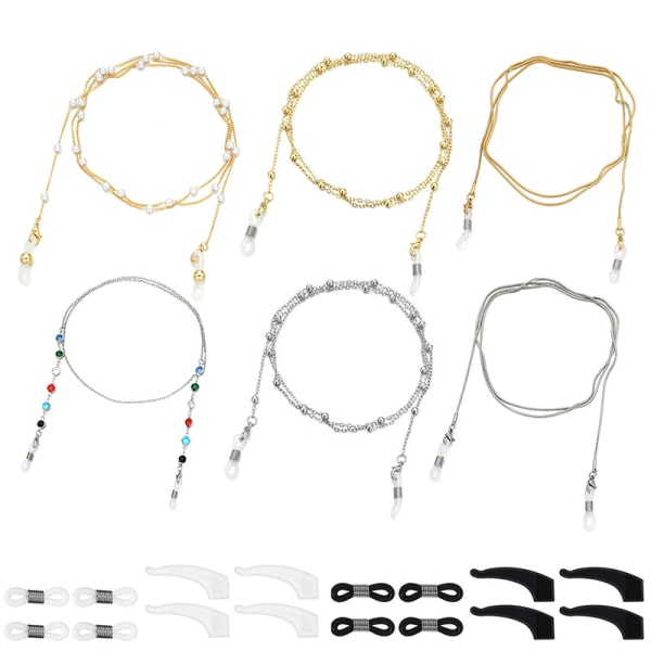 6 styck glasögonkedjor, eleganta glasögonhållare, pärlor, glasögon S
