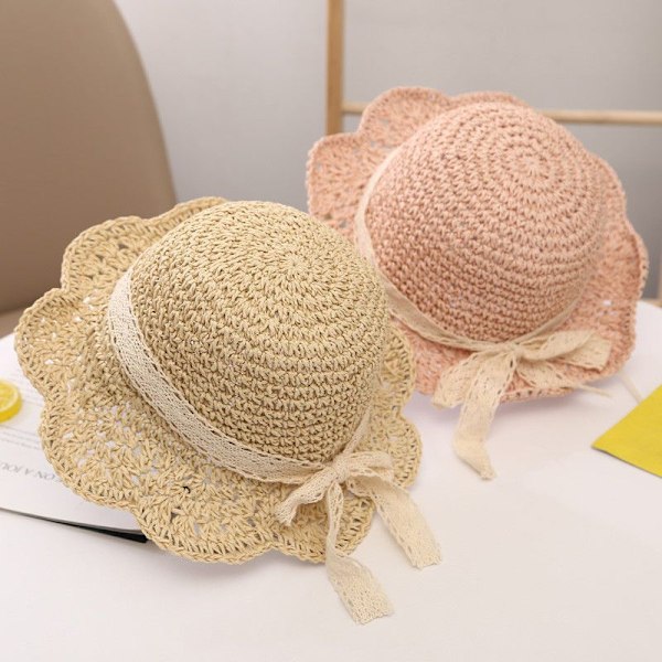 ##/48-53cm Vauvan tyttöjen kesäolkihattu pitsillä ja leveällä reunalla, aurinkosuojaa, taitettava, lomamatkoille ja ulkoiluun, beige##/