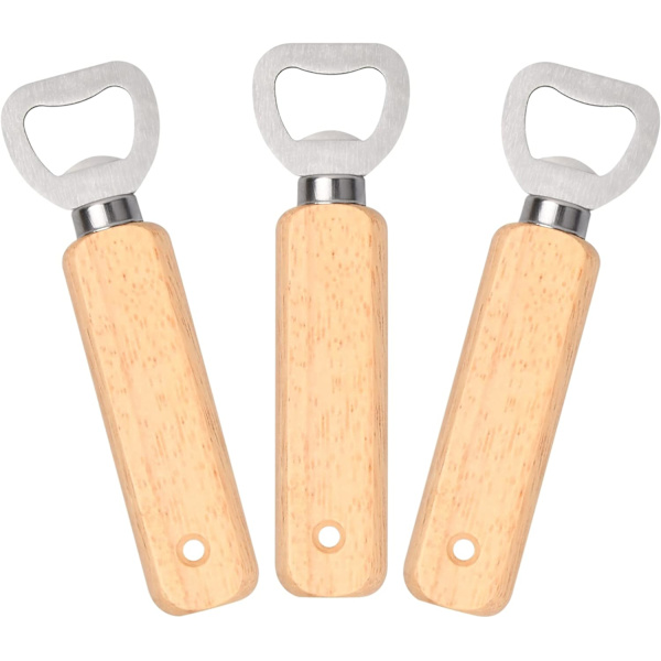 3 stk. Ølflaskeåpner, Treølflaskeåpner, Rustfritt