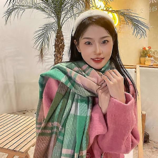 Rombeformet gitter dame høst vinter skjerf teppe omslag sjal stola varmt mykt Diamond pattern pink blue grid