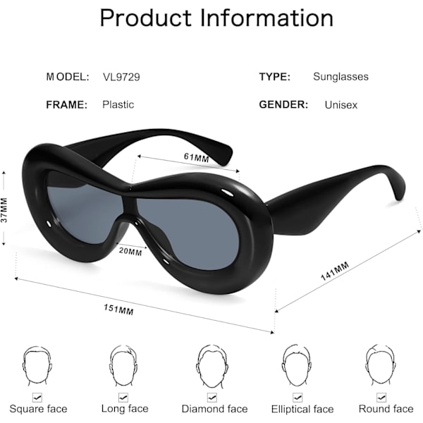 Oversize Tykke Oppustede Solbriller Kvinder Mænd Trendy Oval En