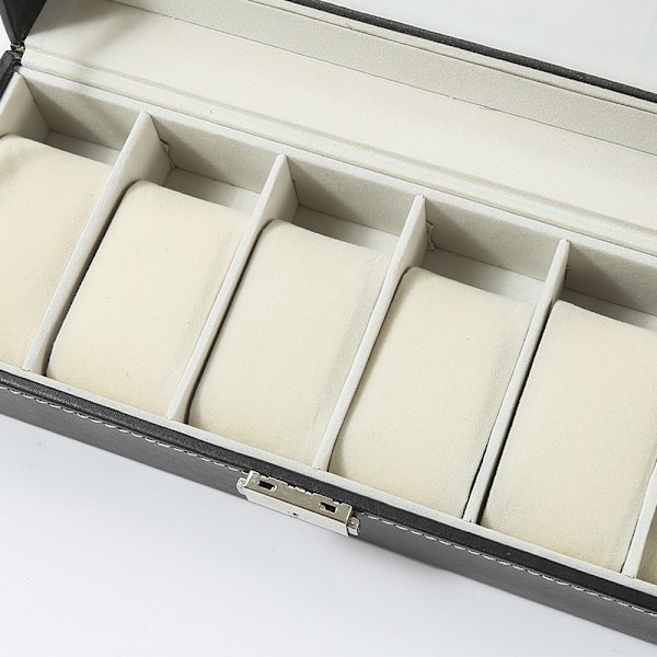 ##/6-paikkaisen kellon laatikko Kellon kotelo Näyttölaatikko Lasikannella Samettipehmusteilla Lukko 11 x 30 x 8 cm Musta pinnoite ja harmaa vuori##/