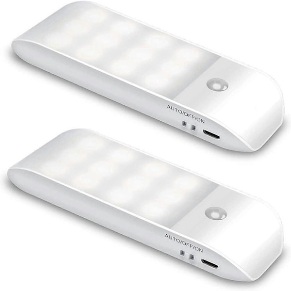 Smarta 12-LED Skåplampor med Rörelsesensor, Kallvitt, USB-Uppladdningsbar, 2-Pack