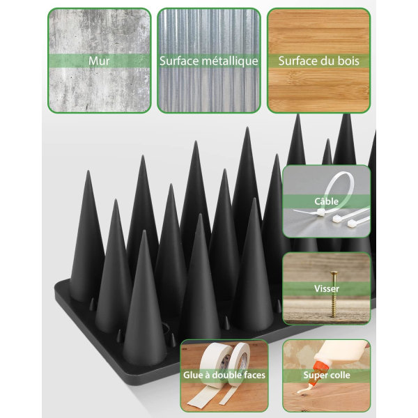 Fuglepigge, SORT 12 stk Anti-Due Spikes 4 Meter 3 Rækker Plast