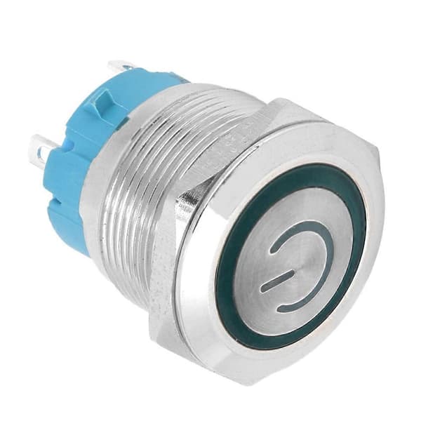 2 st 22 mm metall tryckknappsbrytare platt huvud momentan 4 stift med strömljus IP65 12-24VDC Grön