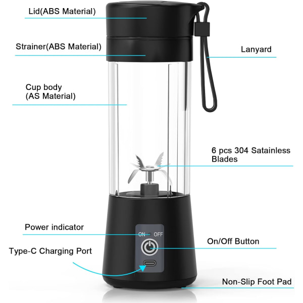 380 ml Six Blades Blender Mini kannettava blender, henkilökohtainen koko El