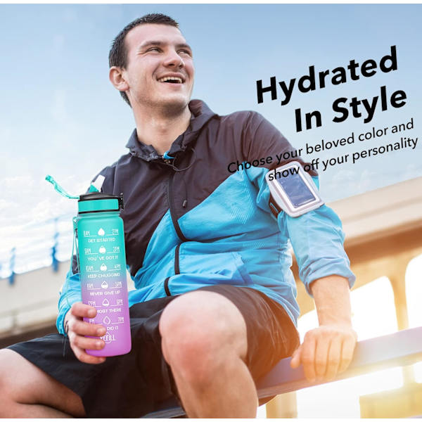 1 liters Motivations Fitness Sport Vandflaske med sugerør & tidsmarkering