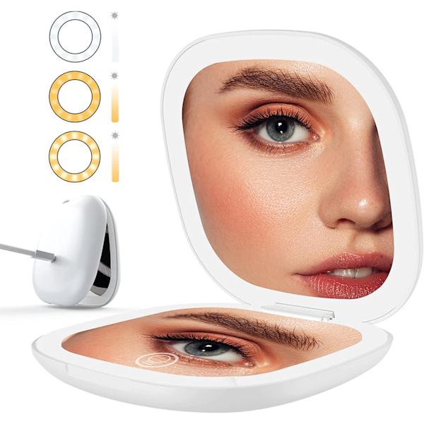 ##/Kompakt Spejl med 3x Forstørrelse Bærbar Lommespejl Makeup Spejl med Dobbeltsidet LED Lys USB-C Genopladeligt Rejsespejl (Sort)##/