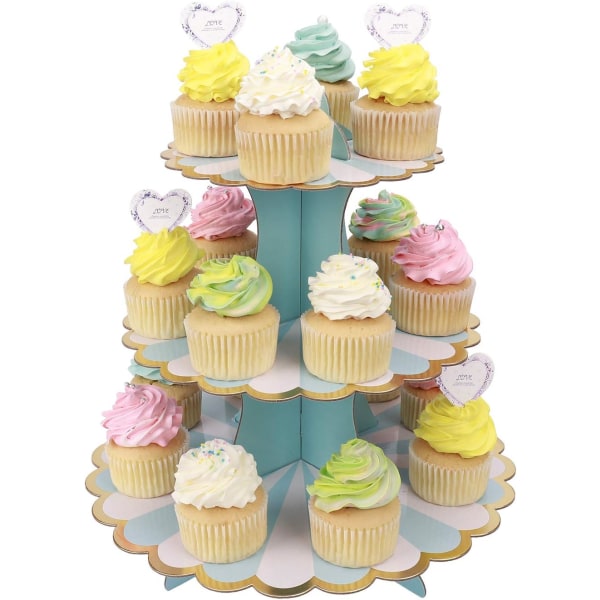 (sininen 32 cm * 30 cm) 3-tasoinen kuppikakkuteline, pahviinen cupcake-teline