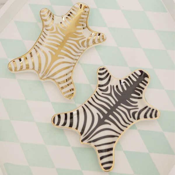 Zebra-raidallinen korukaukalo keraaminen lautanen kullattu 5.9\"