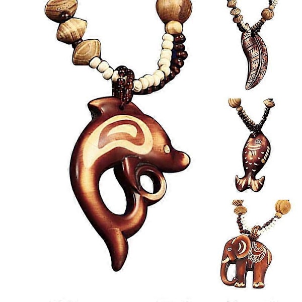 Boho Dame Elefant Delfin Fisk Dyr Blad Vedhæng Perlebesat Lang Halskæde i Træ 2