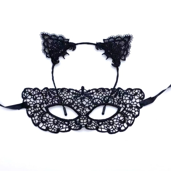 /#/3/#/(Black) Women Halloween Lace Half Mask with Cat Ears Headband C/#/