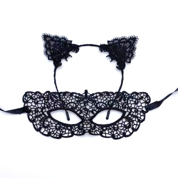 ##/3##/(Svart) Kvinnors Halloween Spets Halvmask med Kattungeöron Huvudband C##/