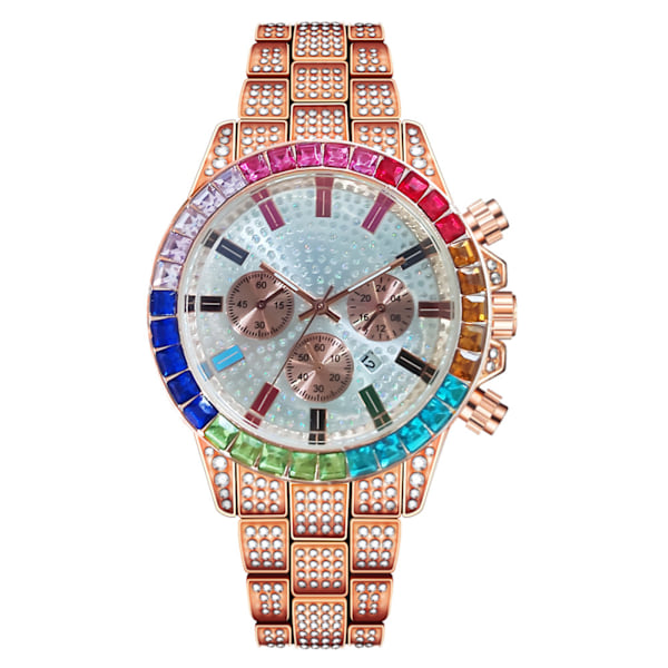 ##/Kvartsur Chronograf Guldton/Regnbue Rhinestone Diamanter##/