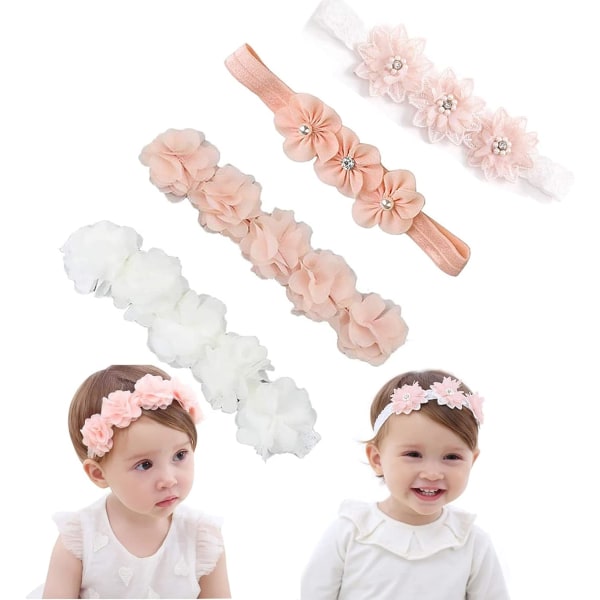 4 stk Grosgrain-bånd blomster pannebånd for babyjente/barn, hår