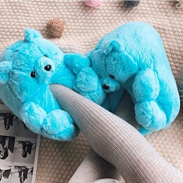 Faux Pels Hjemmesko med Teddybjørn - Blå til Kvinder og Piger