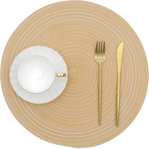 Plassmatter, sett med 6, Khaki 38x38cm Rund Flettet Plassmatter Vaskbar H