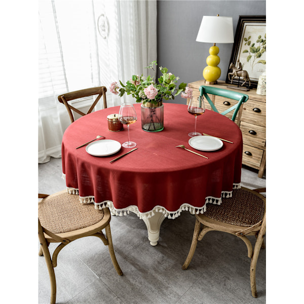 ##/Rund bordsduk i bomull och linne med fransar, 180 cm##/
