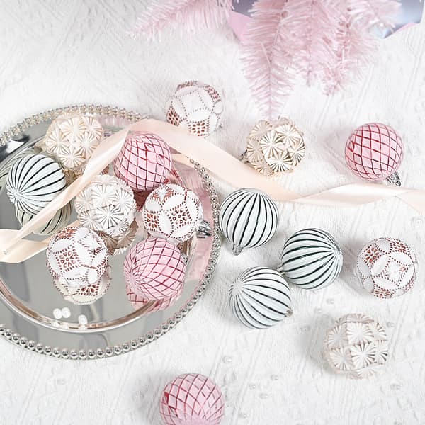 16 stk. julekuler, 6 cm, rosa, 4 stiler