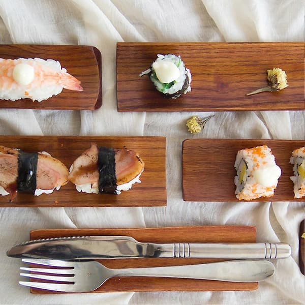 Aflang Træ Dumplings Sushi Serveringsbakke Salat Brød Tallerken til Hjemmekøkken Bevel Edge