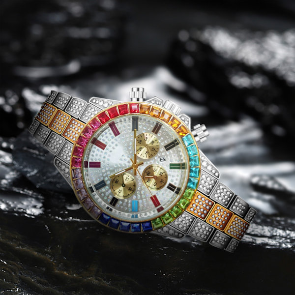 ##/Kvartsur Chronograf Guldton/Regnbue Rhinestone Diamanter##/