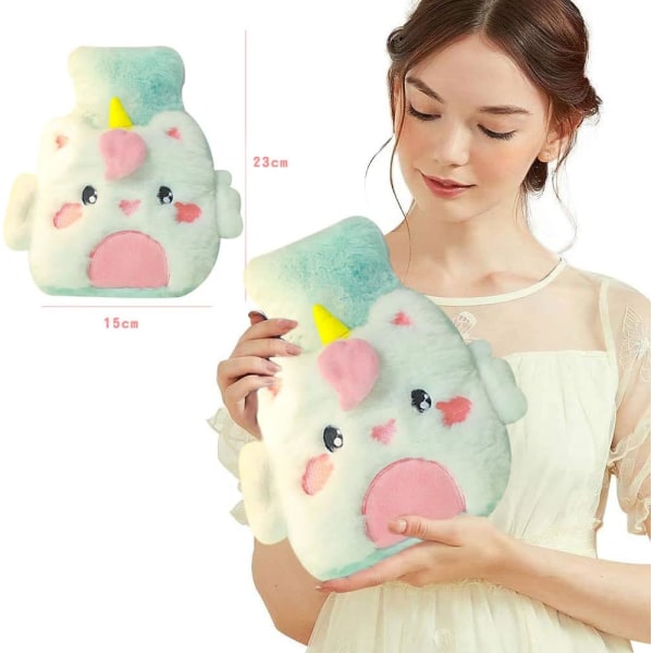 Plush Varmtvannflaske, Lyseblå Enhjørning 500ml Tegneserie Fluffy H