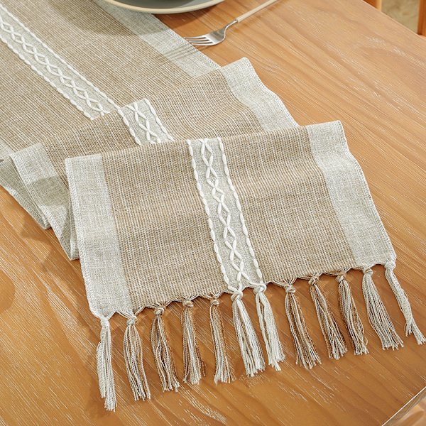 ##/Bordløber i bomuld og linned med frynser, frynser, 33*200cm##/