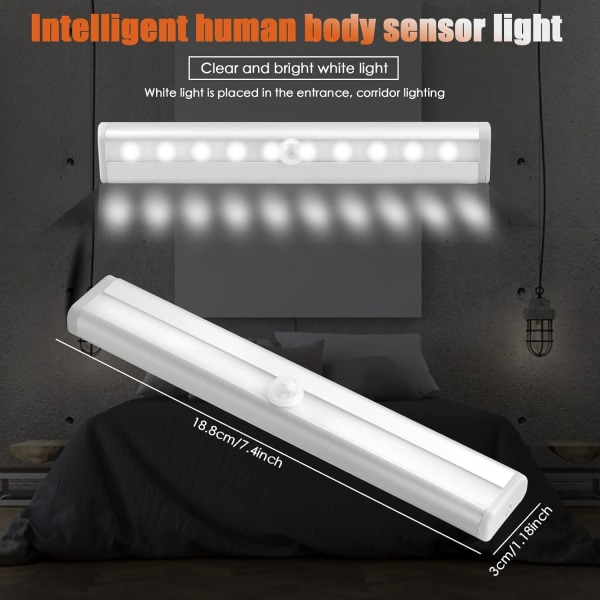 4 kpl LED-kaappivalot liikeanturilla ja magneettinauhalla, 10 LED