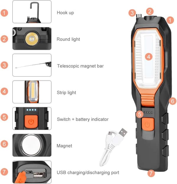 Superstark COB LED Arbetslampa USB Uppladdningsbar Bärbar med Ma