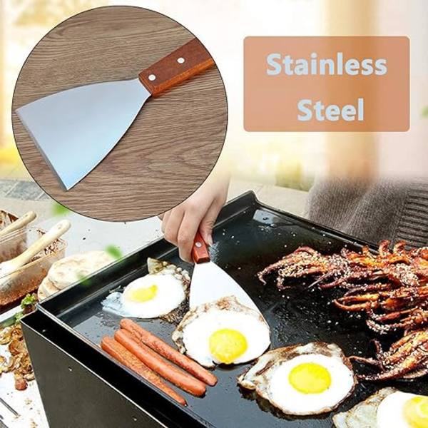 2 stk, rustfritt spattel med trehåndtak Grill Plancha Spatel