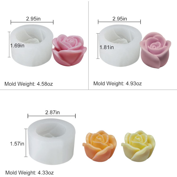Sæt med 3 Rose Lysforme, 3D Blomsterforme til Kagedekoration