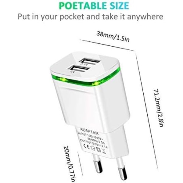 USB Strømstiklader, 2-pak 2.1A 5V 2 Porte Universal Strømadapter