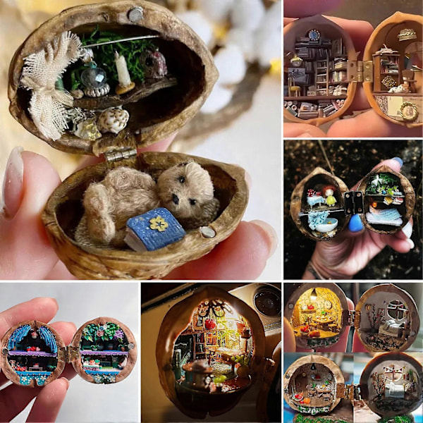Miniatyrverden Valnøttskall Figurin Liten Mikrolandskap i Valnøtt Resin Statue Skulptur Hjemmekontor Bokylle Skrivebord Dekor Ornament C