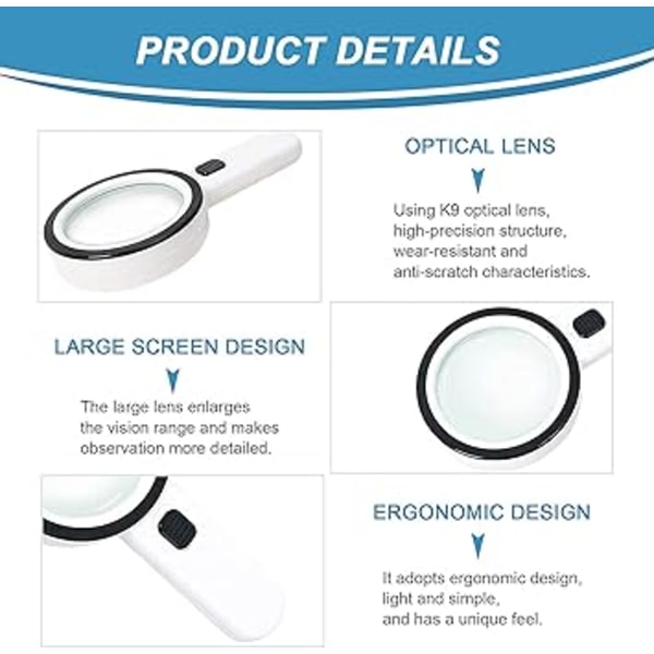Förstoringsglas med 12 LED-lampor, 30X Dubbelglaslins Handh